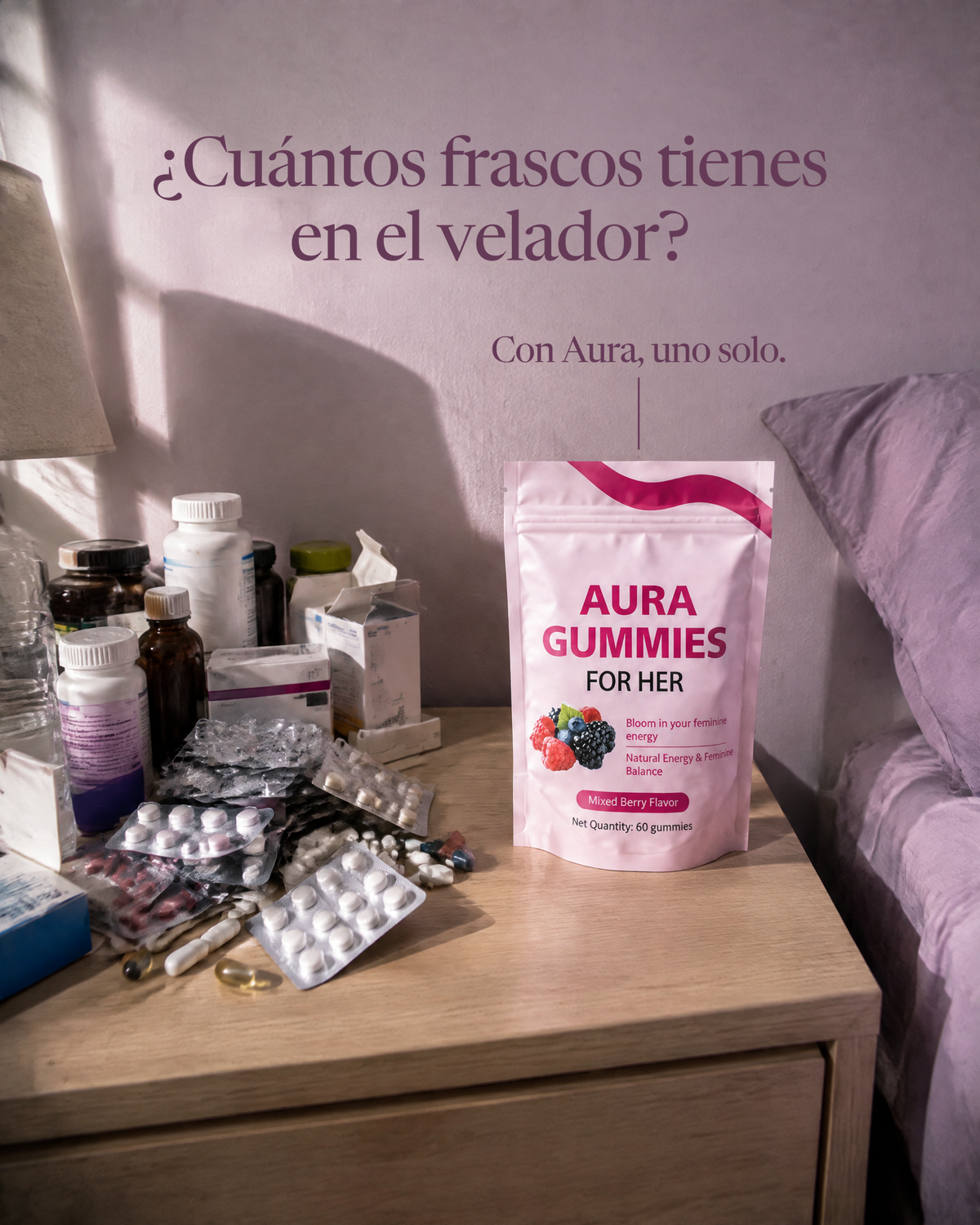 Velador lleno de frascos de suplementos junto a una sola bolsa de Aura Gummies: ¿Cuántos frascos tienes en el velador? Con Aura, uno solo.