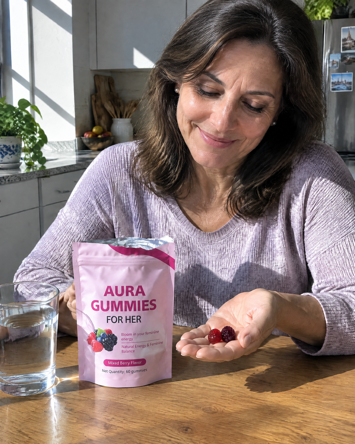 Mujer riéndose comiendo una gomita Aura en su cocina real