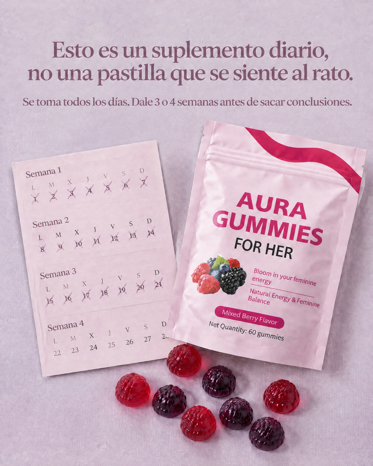Suplemento diario: calendario de 4 semanas junto a la bolsa de Aura Gummies