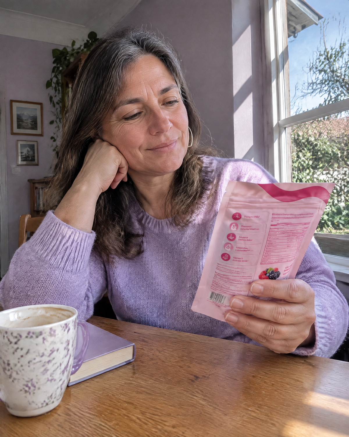 Mujer de 52 años leyendo el reverso de la bolsa de Aura Gummies junto a la ventana